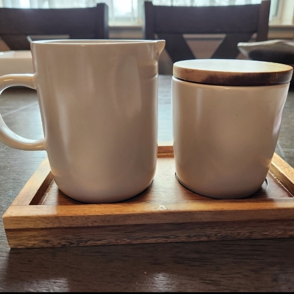 New. Never used. Rae Dunn Sweet/Pour Cream & Sugar set. Wood base. - Picture 3 of 3